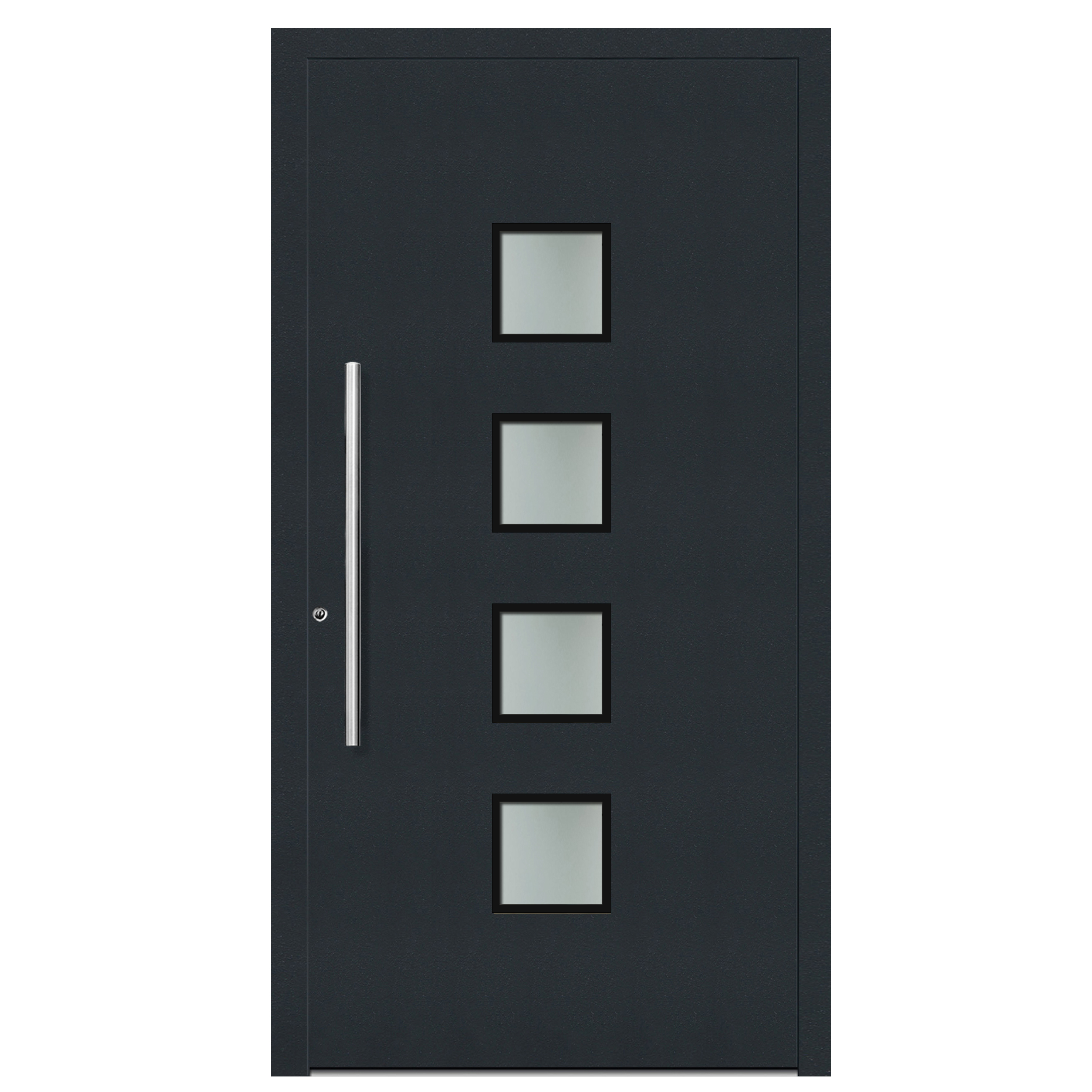 A-08 üveges (Satina), 110x210 cm, alumínium borításos bejárati ajtó, balos, befele nyíló, kívül antracit